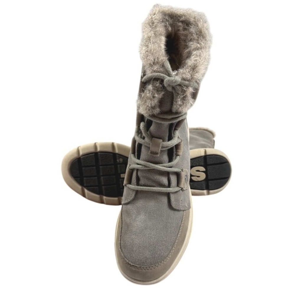 Sorel Explorer Joan Waterproof Boots Grey Faux Fur Suede NL3039-052 Womens 8.5